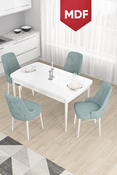 Canisa Taç Serisi Açılabilir MDF Mutfak Masası Takımı 80x132 Beyaz Masa 4 Su ...