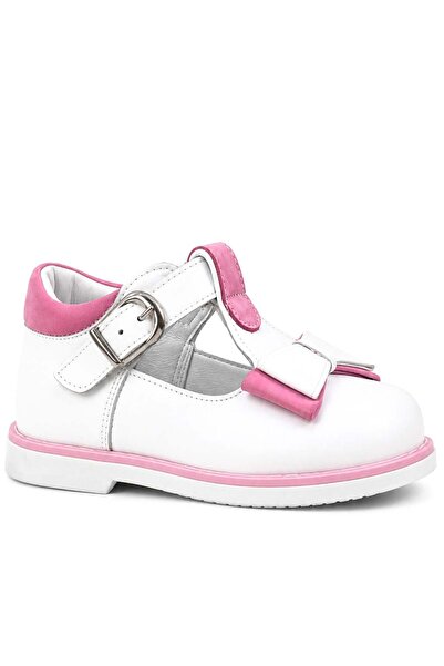 Shoes Center جلد طبيعي أبيض وردي القوس طفلة طفلة الصنادل الأحذية