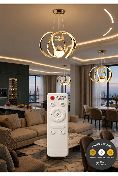 Lzy Avize Store Tek Toplu Amissos Gold Kumandalı 3 Renk Sarkıt Avize Salon, Y...