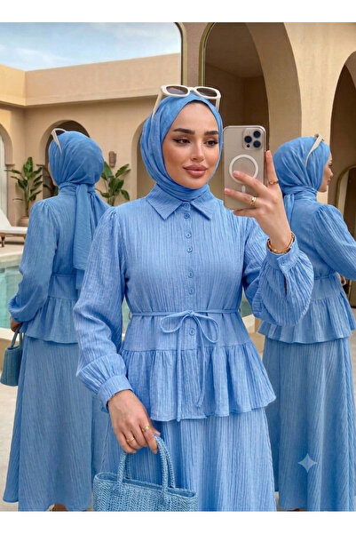 MissPuL طقم نسائي مكون من قطعتين مزين بالكشكش باللون الأزرق