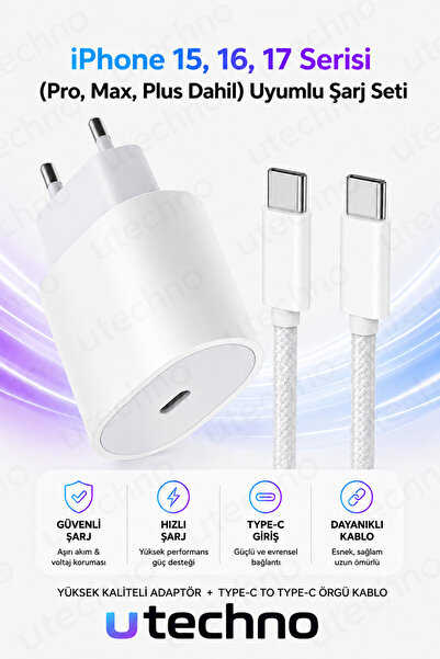 utechno iPhone 15 16 Pro Max Plus Uyumlu Type-C Hızlı Şarj Aleti + Type-C to ...