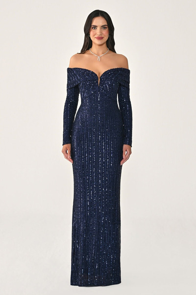 ALFABETA Long Sleeve Off Shoulder Sequin Long Dress Alfa Beta