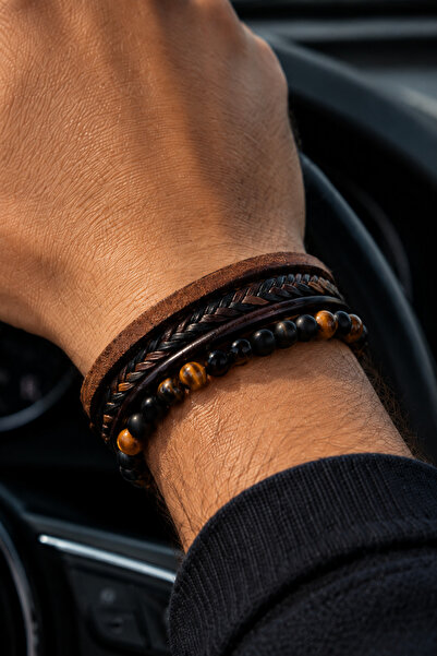 Premium Men's Bracelet Natural Stone Design Leather Bracelet Series – Genuine Natural Stone Tiger Eye and onix