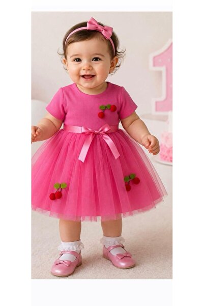 Kuzucuk Kids Bebek Çocuk Butik Kız Bebek Pembe Kiraz Detaylı Tüllü Elbise