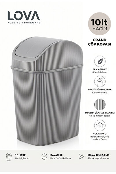 Lova Kapaklı Çizgili 10 Lt Çöp Kovası (Gri)