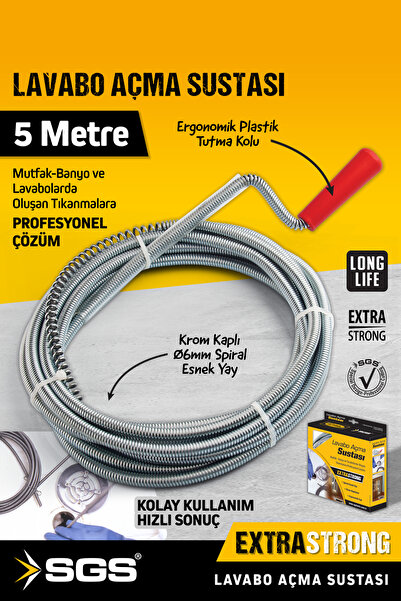 SGS SGS972 5 Metre Lavabo Açma Sustası Lavabo Gider Boruları Açma Teli