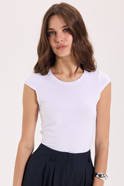 Tudors Women's Slim Fit Cotton Lycra Crew Neck Ay Kol White T-Shirt