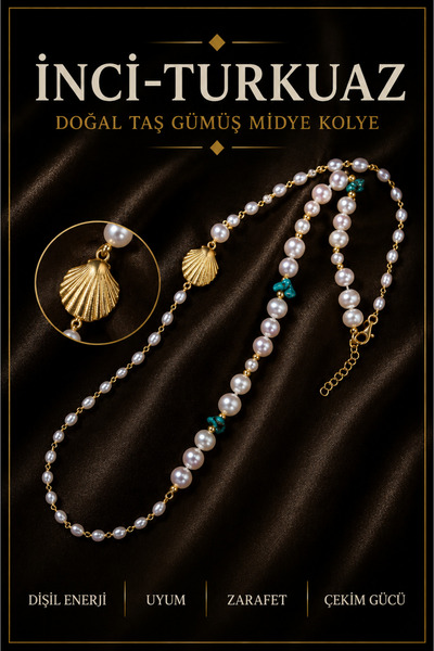 OSMANLI DEĞERLİ TAŞ İnci-turkuaz Doğal Taş Gümüş Midye Kolye
