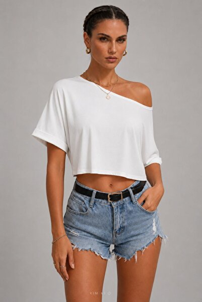 KİM Kİ O KADIN KAYIK YAKA CROP TOP TEK OMUZ CROP ASİMETRİK CROP