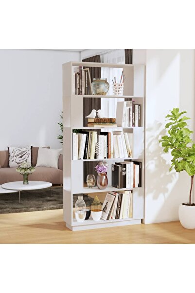 Concept Bibliotecă/Separator cameră, alb, 80x25x132 cm lemn masiv pin