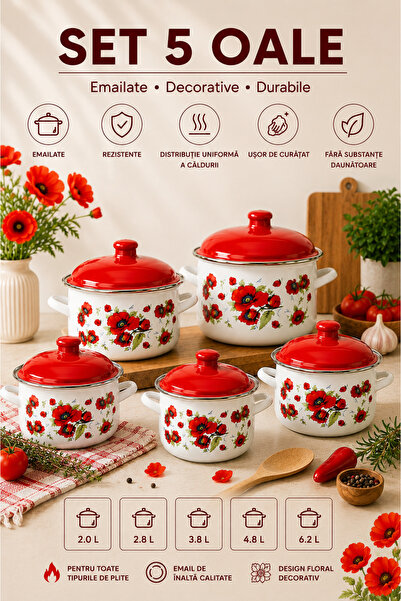Arian Set 5 oale emailate cu capac, 2L–6,2L, model Flori de camp