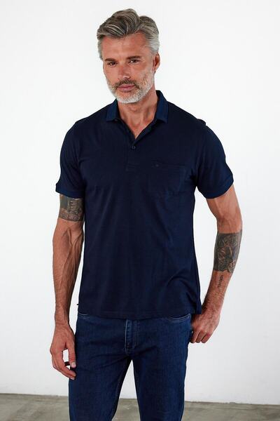 ENQUE Men's Basic Polo Neck Short Sleeve Pocket Solid Navy Blue T-Shirt
