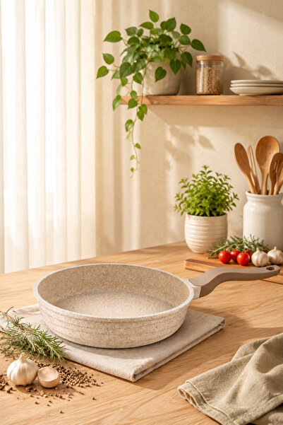 LAVONNI Elexsus 26 cm Döküm Granit Tava Cappuccino - Yanmaz Yapışmaz Derin Kr...