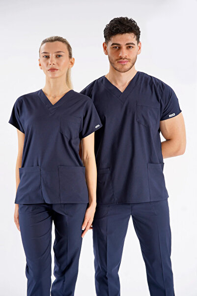 Lion Üniforma Lacivert Dr. Greys Modeli Likralı Hemşire Forması Unisex Yarasa...