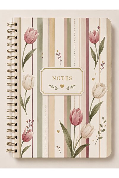 NİORE A5 Spiral-Bound Lined Notebook 120 Pages Pastel Tulip Patterned