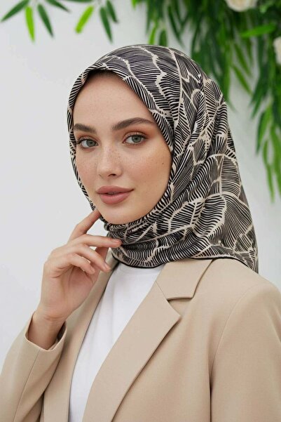 Vissona 100% حرير تويل بنمط هندسي أسود - لون كريمي 90x90 وشاح شكل الخياطة: خي...