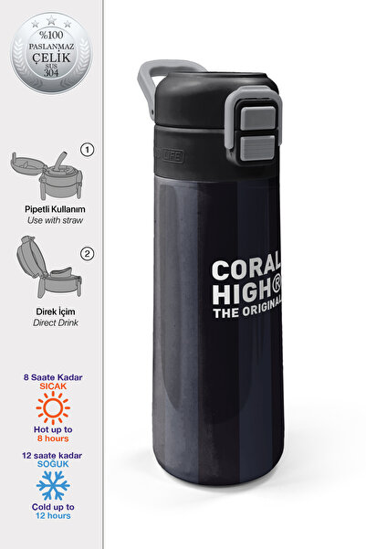Coral High Kids Black Gray Line Patterned Steel Thermos with Straw and Direct...