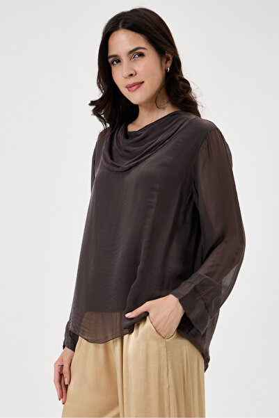 della moor Women's Brown Italian Degaje Collar Long Sleeve Lined Silk Blouse ...