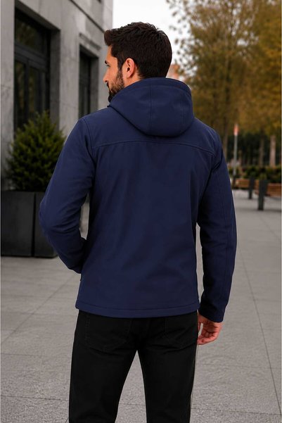 zeyra Men's Detachable Hooded Inner Fleece Water and Wind Resistant Softshell Coat - Dark Blue