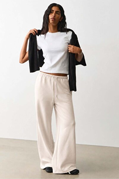 Madmext Beige Wide Leg Barrel Fit Sweatpants Mg2646