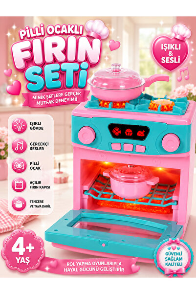 ideal STORE Little Angel OYUNCAK EV ALETİ OCAKLI FIRIN SETİ SESLİ IŞIKLI PİLLİ