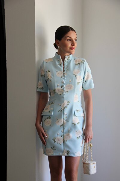 Julidress Blue Floral Patterned High-Neck Premium Mini Dress with Button Deta...