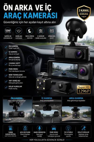 thekam Çift Kameralı Araç İçi Kamera Full HD 1080P – Ön ve İç Kayıt, Gece Gör...