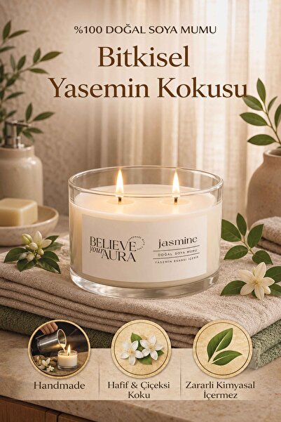 Believe Your Aura Yasemin Kokulu %100 Soya Mumu Aromaterapi Kase Mum - 120 cc