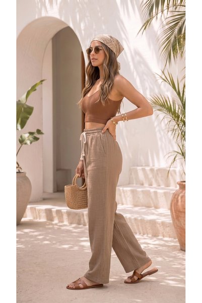 BADESSA Women's Beige Linen Look Premium Textured High Waist Palazzo Trousers with Wide Legs