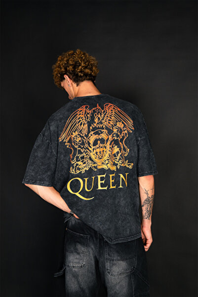 Sekizbiraltı Queen Crest Logo Washable Black Oversize T-Shirt