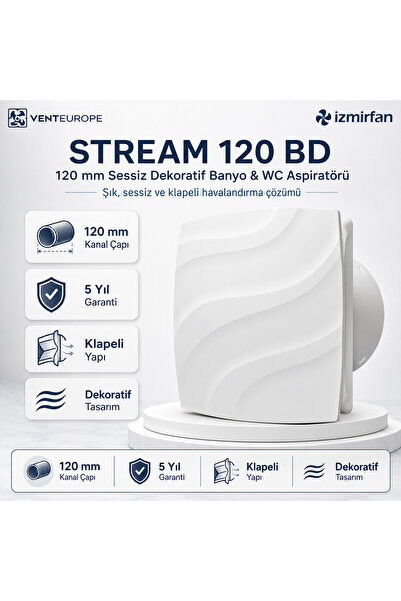 Venteurope Stream 120 BD – 12’lik Sessiz Dekoratif Banyo Aspiratörü – Klapeli...