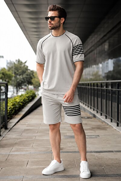 Madmext Boyalı Gri Baskılı Reglan Kol Erkek Şort T-shirt Takımı E7306