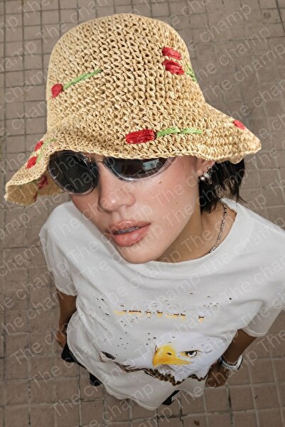 The Champ Clothing Kadın Hasır Bucket Şapka Rosalia Bloom Kırmızı Çiçek Detay...