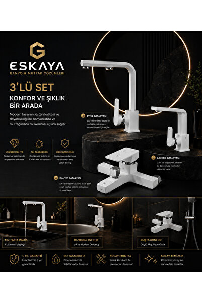ESHOME White Chrome Square 3-Piece Faucet Set Kitchen Faucet - Sink Faucet - ...