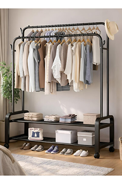 Cady One Double Layer Metal Clothes Rack with Wheels, 2 Shelf Clothes Organiz...