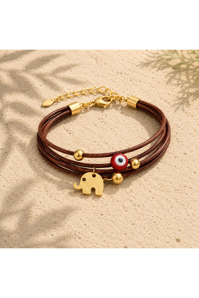 Kutcha Accessories Şans Getiren Nazar Boncuklu Altın Fil Figürlü Deri Bileklik