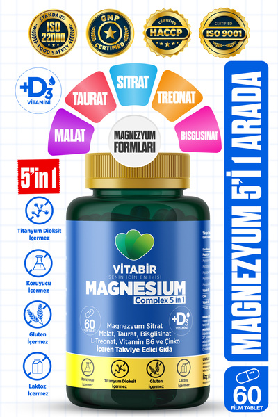 vitabir 5X Çoklu Magnezyum Complex | 5i1 Arada Bisglisinat, Taurat, Malat, Si...