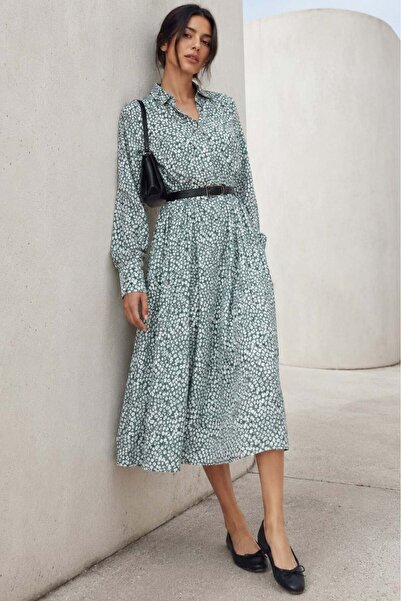 Madmext Mint Green Long Sleeve Buttoned Patterned Dress Mg2431