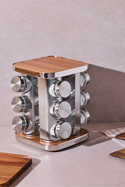 Perotti Wooden Rotating Stand Square Glass Metal Lid Casa Wood 12-Piece Spice...