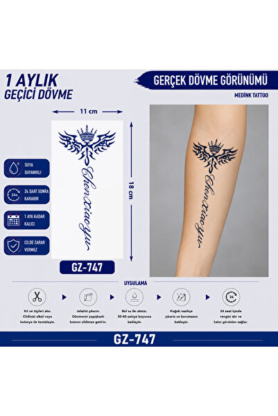 medink tattoo 1 Ay Kalıcı Sonradan Kararan 11X 18 cm Yazı ve Kanat model geçi...