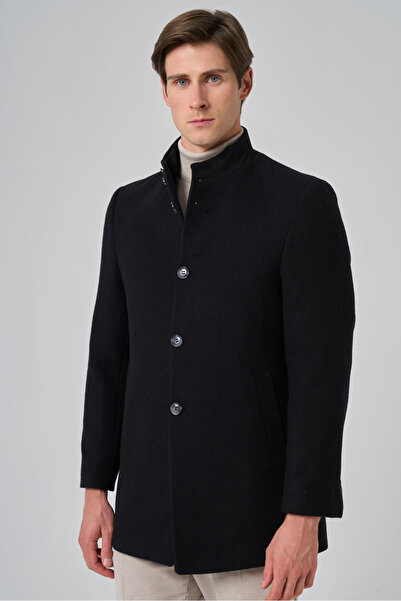 Morven Men's Black Wool Straight Dynamic Fit Judge Collar Coat