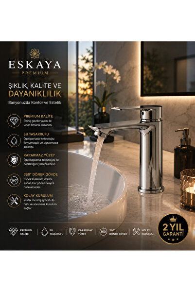 ESHOME AeroLux Premium Sıcak Soğuk Sabit Gövdeli Banyo Lavabo Bataryası Muslu...