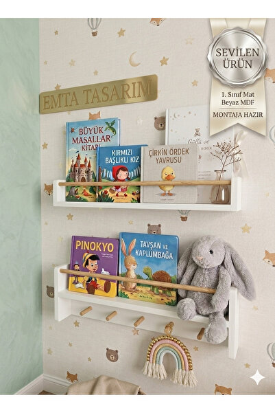 EMTA 50 Cm 2 Li Set Raf Askılık Beyaz Naturel Montessori çocuk odası kitaplık...