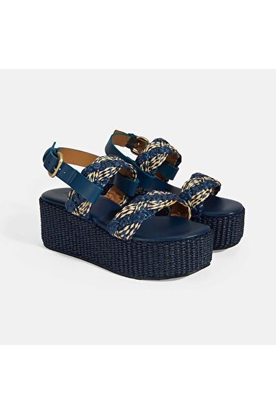 Desa Women's Navy Blue Adjustable Buckle Straw Detailed Sandals