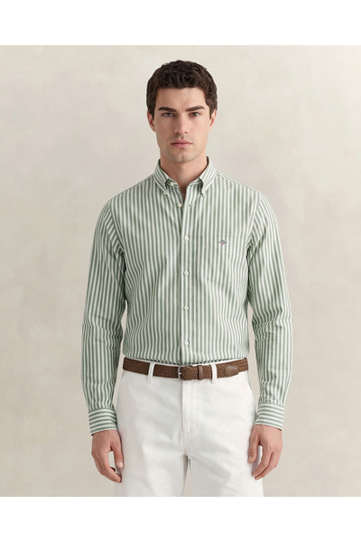 Gant Erkek Yeşil Regular Fit Çizgili Logolu Gömlek