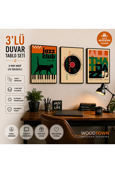 kids town Jazz Temalı 3'lü MDF Duvar Tablosu Seti 15x20 cm | Modern Müzik Pos...