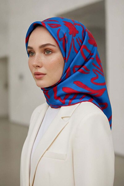 Vissona 100% حرير طويل نمط زهرة كبيرة S أزرق بلون الكوبالت وشاح أحمر اللون 90...