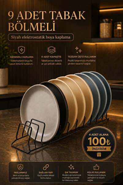 KITCHBATH Tezgah Üstü 9 Bölmeli Siyah Bulaşıklık Düzenleyici, Paslanmaz Tabak...