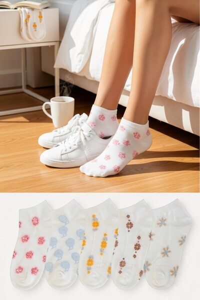 Socks Stores 5'li Kadın Çiçek Desenli Pamuklu Patik Çorap - Dikişşiz Burun Kabartma Yazlık Kısa Çorap
