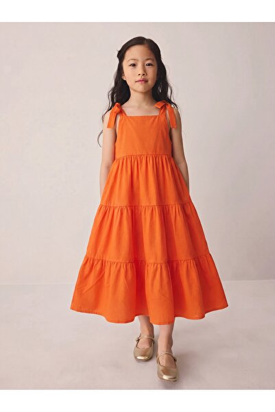 Tinymuyt Girl's Flounced Shoulder Lace-Up Woven Dress Orange